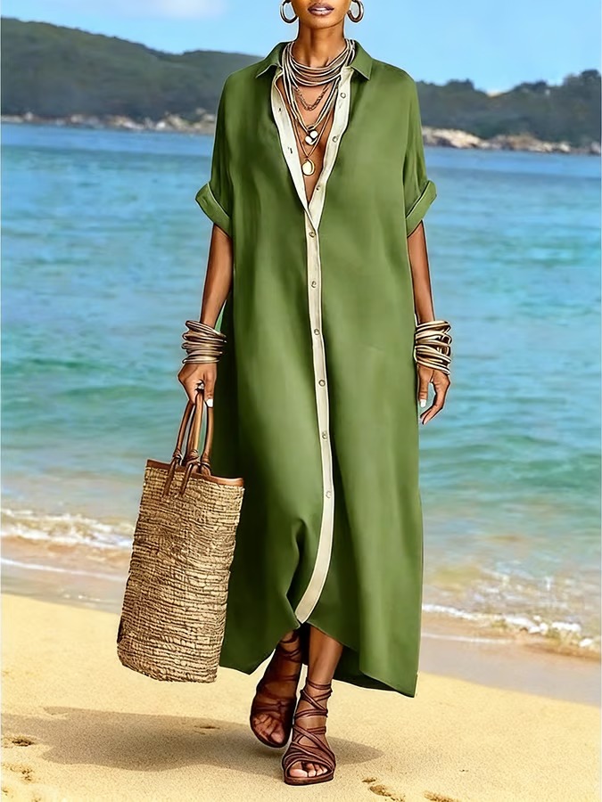 Women's Casual Lapel Color-Block Cotton-Linen Shirt Dress