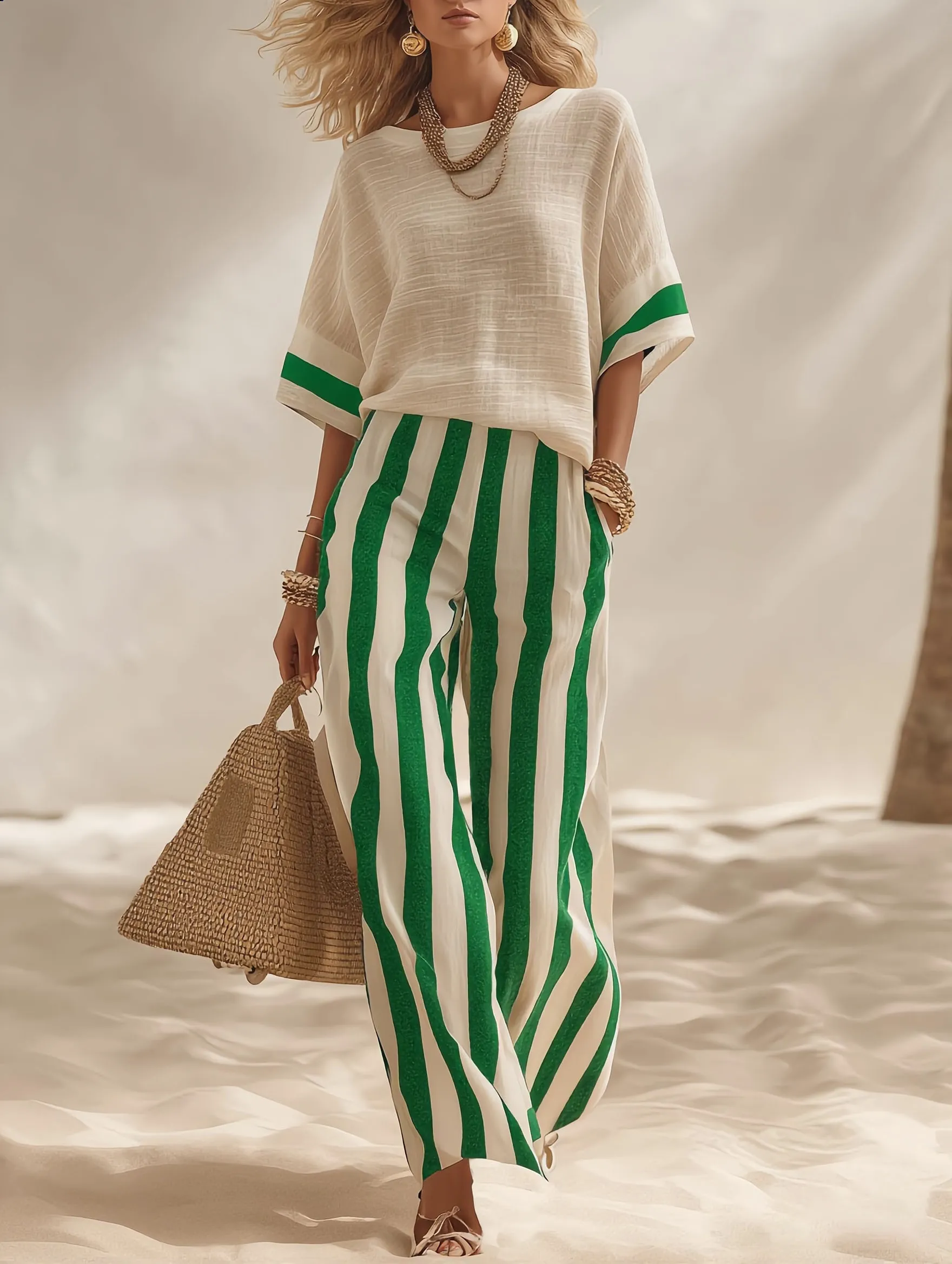 Beige Textured Cotton-linen Color-block Top & Blue-white Striped Elastic Waist Wide-leg Pants Set