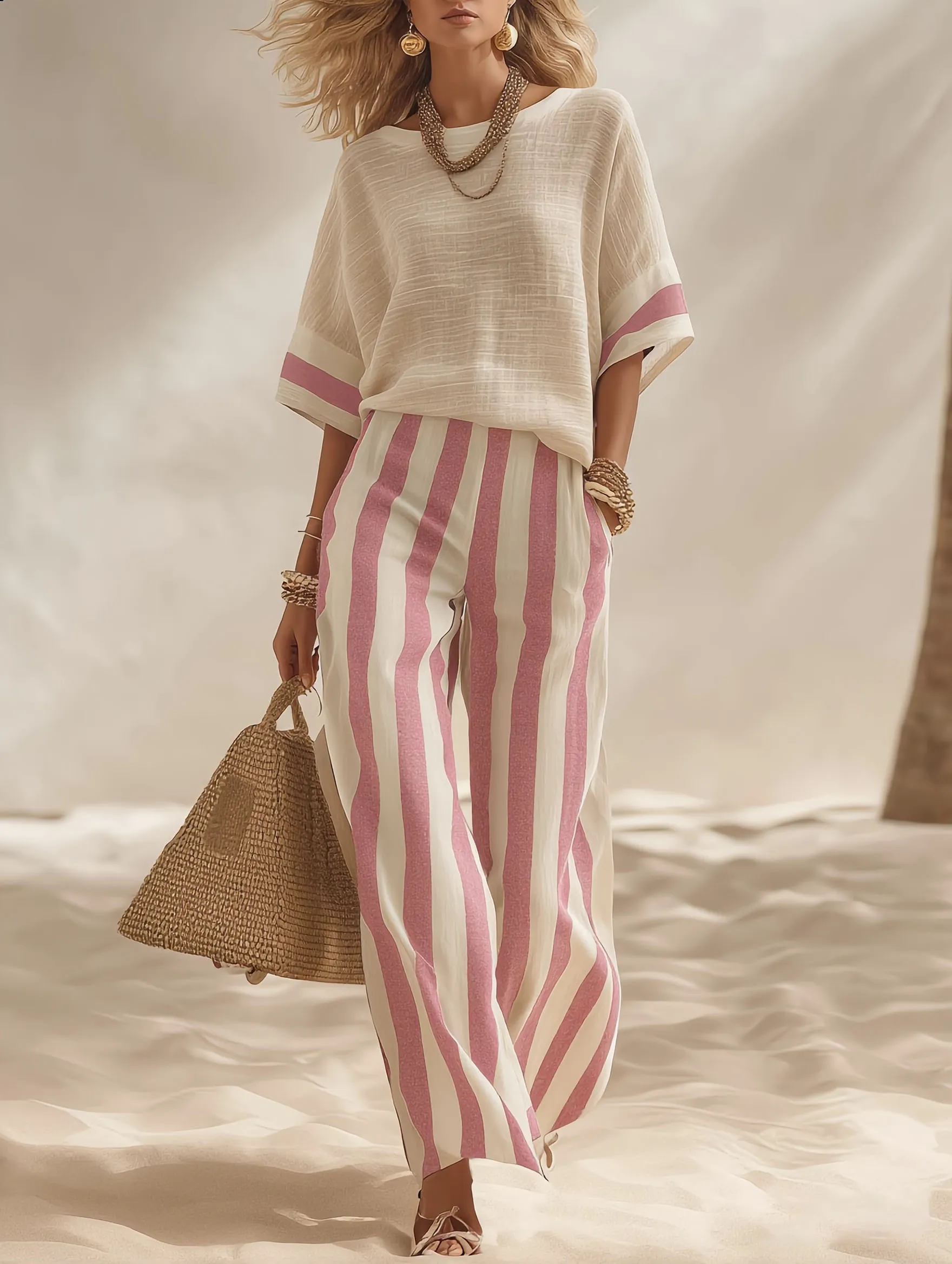 Beige Textured Cotton-linen Color-block Top & Blue-white Striped Elastic Waist Wide-leg Pants Set