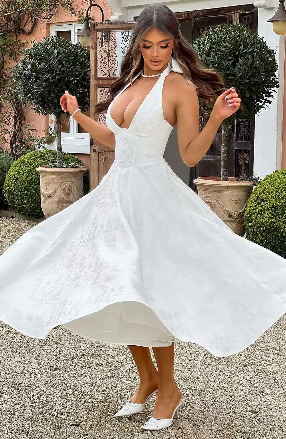 Townlike Jacquard Elegant Waist Wrap A-line Dress Women Halter 2026 Spring Summer Dress Midi Long Backless Sexy Party Dresses