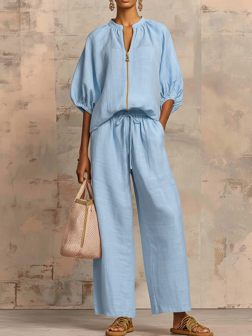 New Arrivals🔥 Stylish Cozy Zipper Shirt & Wide-Leg Pants Linen Cotton Two-Piece Set