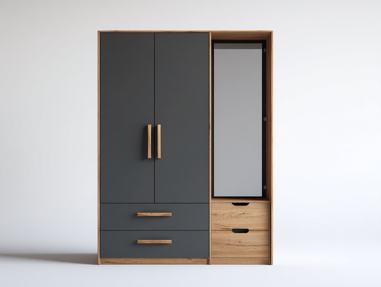 Armoire pour chambre en bois avec miroir 120x55x200 cm – gris foncé - naturel – rangement fonctionnel-Sofaupnest