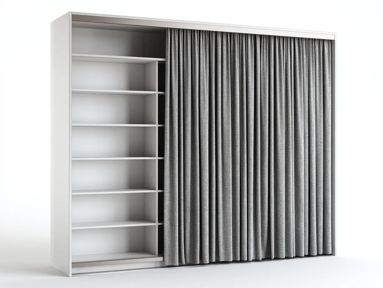 Armoire pour chambre en bois avec rideau 200x60x220 cm – gris clair – rangement fonctionnel-Sofaupnest