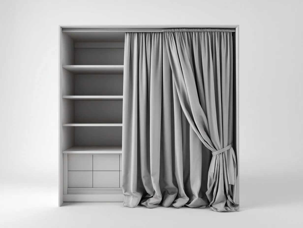 Armoire pour chambre en bois avec rideau 120x55x200 cm – gris clair – rangement fonctionnel-Sofaupnest