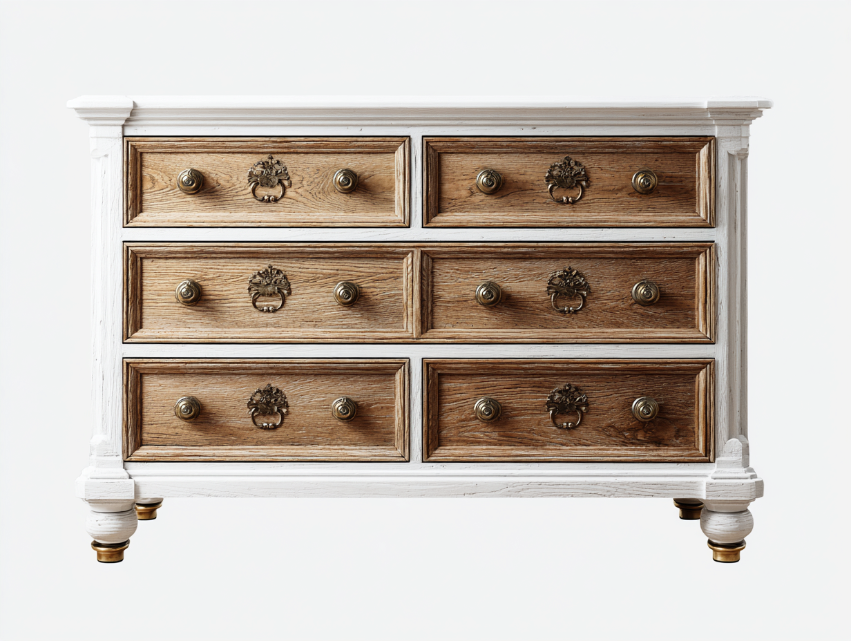 Commode en bois et finition patinée 120x42x82 cm – blanc et bois naturel – style classique pour chambre-Sofaupnest
