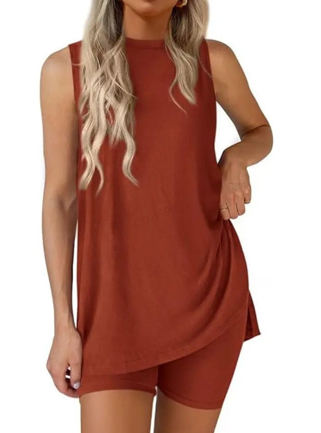 Sleeveless Crewneck Women's 2 Piece Sets Summer Matching Lounge Shorts Set Resort Airport Travel Outfit Split Hem Casual Clothes Basic Fitted Homewear