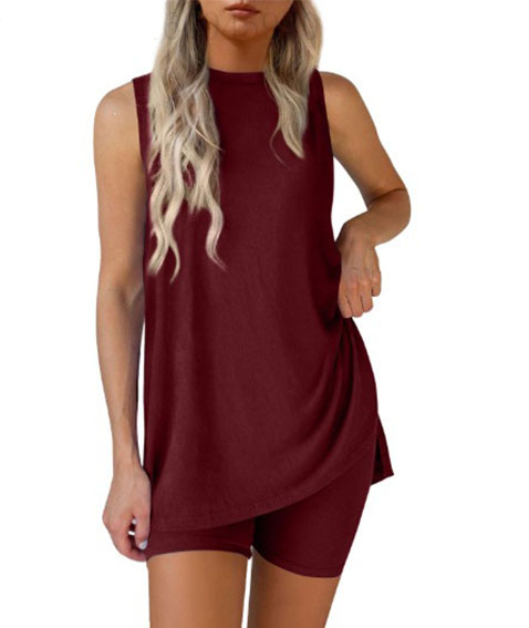 Sleeveless Crewneck Women's 2 Piece Sets Summer Matching Lounge Shorts Set Resort Airport Travel Outfit Split Hem Casual Clothes Basic Fitted Homewear