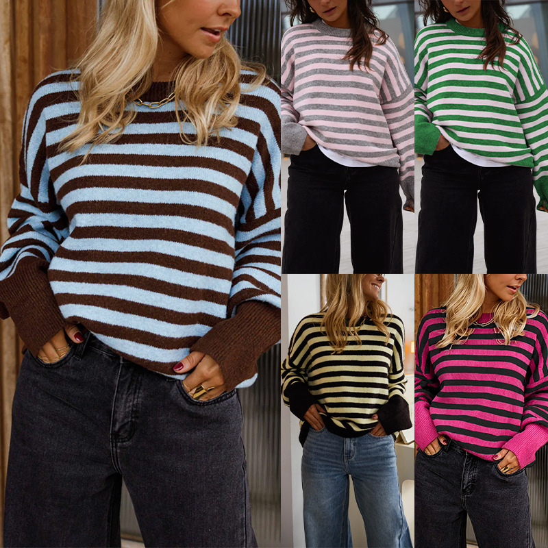 New for Autumn/Winter 2026: A loose-fitting, striped, round-neck knitted pullover—grab it now for a great deal.(buy 2 free shipping)