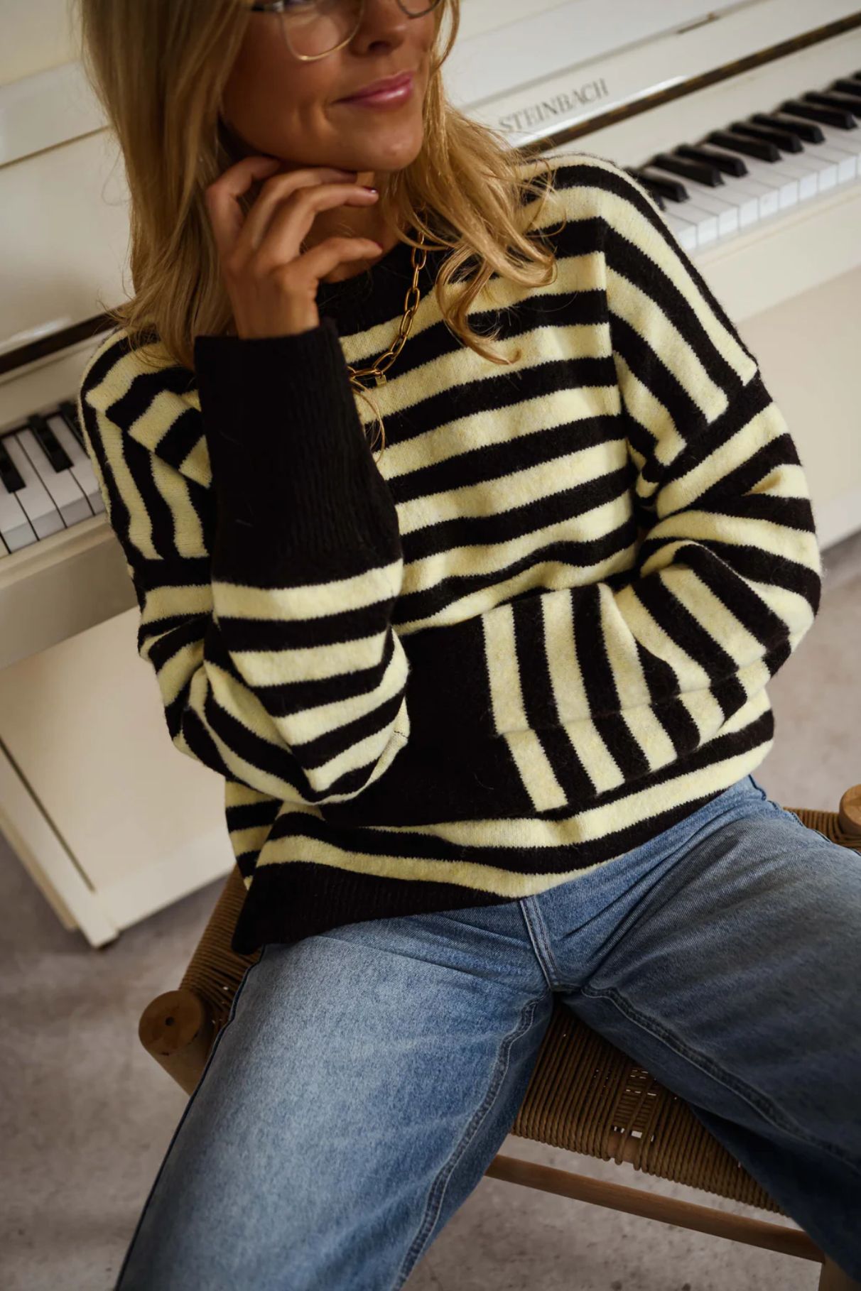 New for Autumn/Winter 2026: A loose-fitting, striped, round-neck knitted pullover—grab it now for a great deal.(buy 2 free shipping)