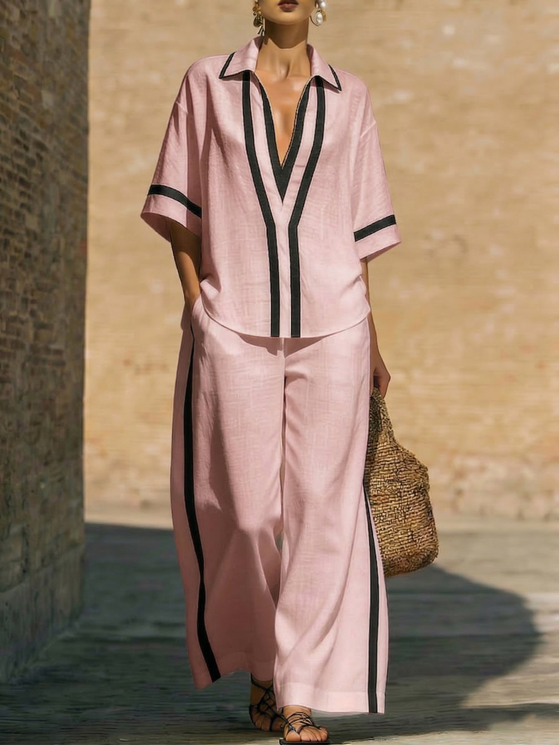 Stylish Trimmed Edge Color-blocked Cotton Linen Two-piece Set