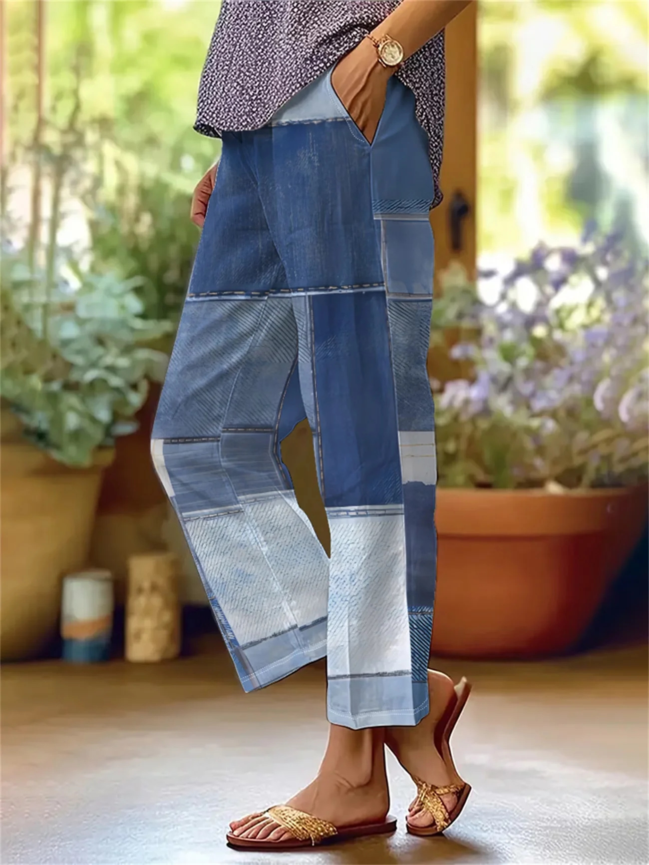 New Women's Trendy Mid-Rise 9/10-Length Trousers — Stylish Linen-Blend with Print and Pockets