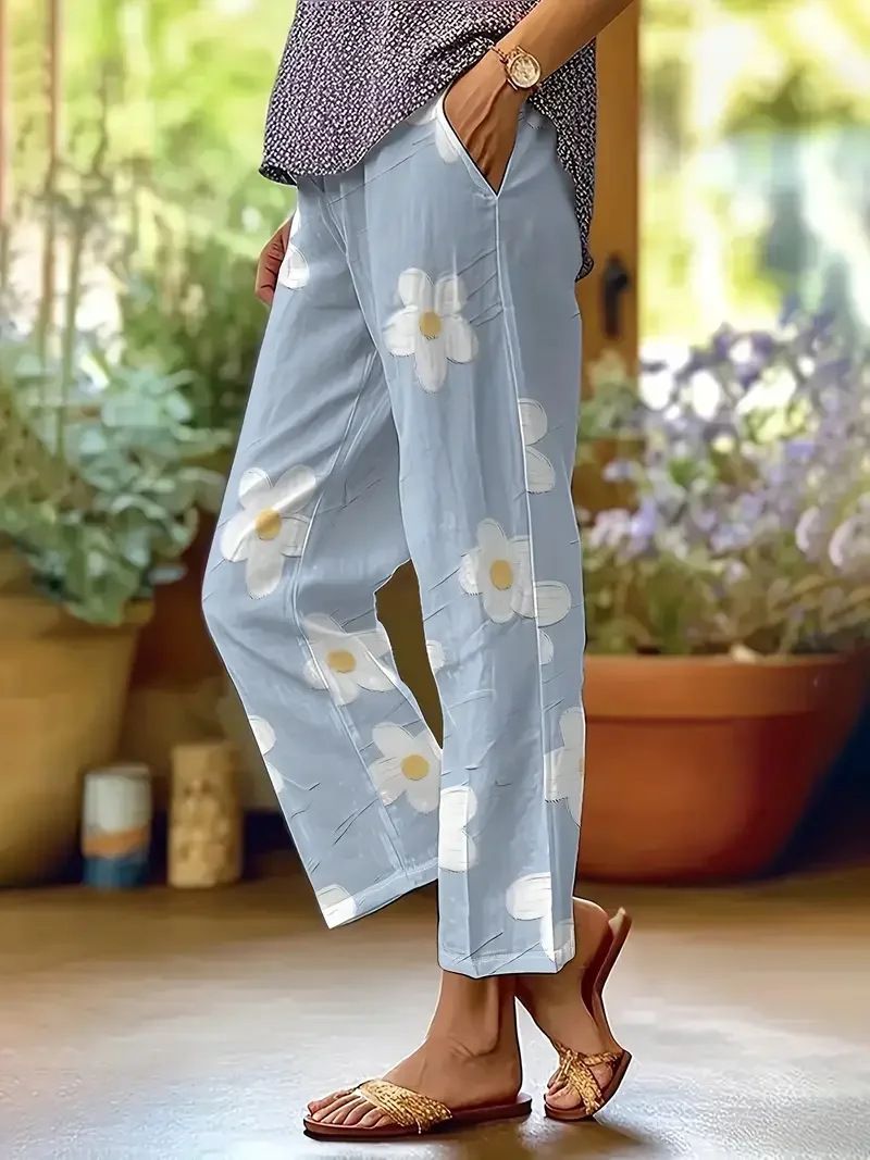 New Women's Trendy Mid-Rise 9/10-Length Trousers — Stylish Linen-Blend with Print and Pockets