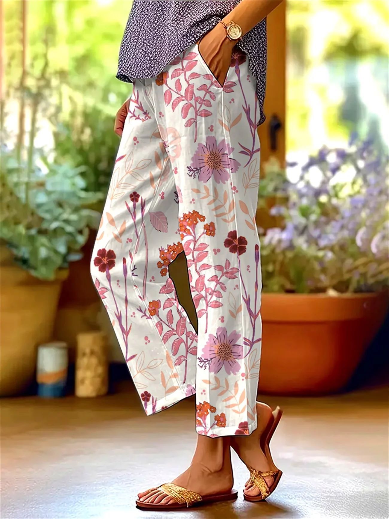 New Women's Trendy Mid-Rise 9/10-Length Trousers — Stylish Linen-Blend with Print and Pockets