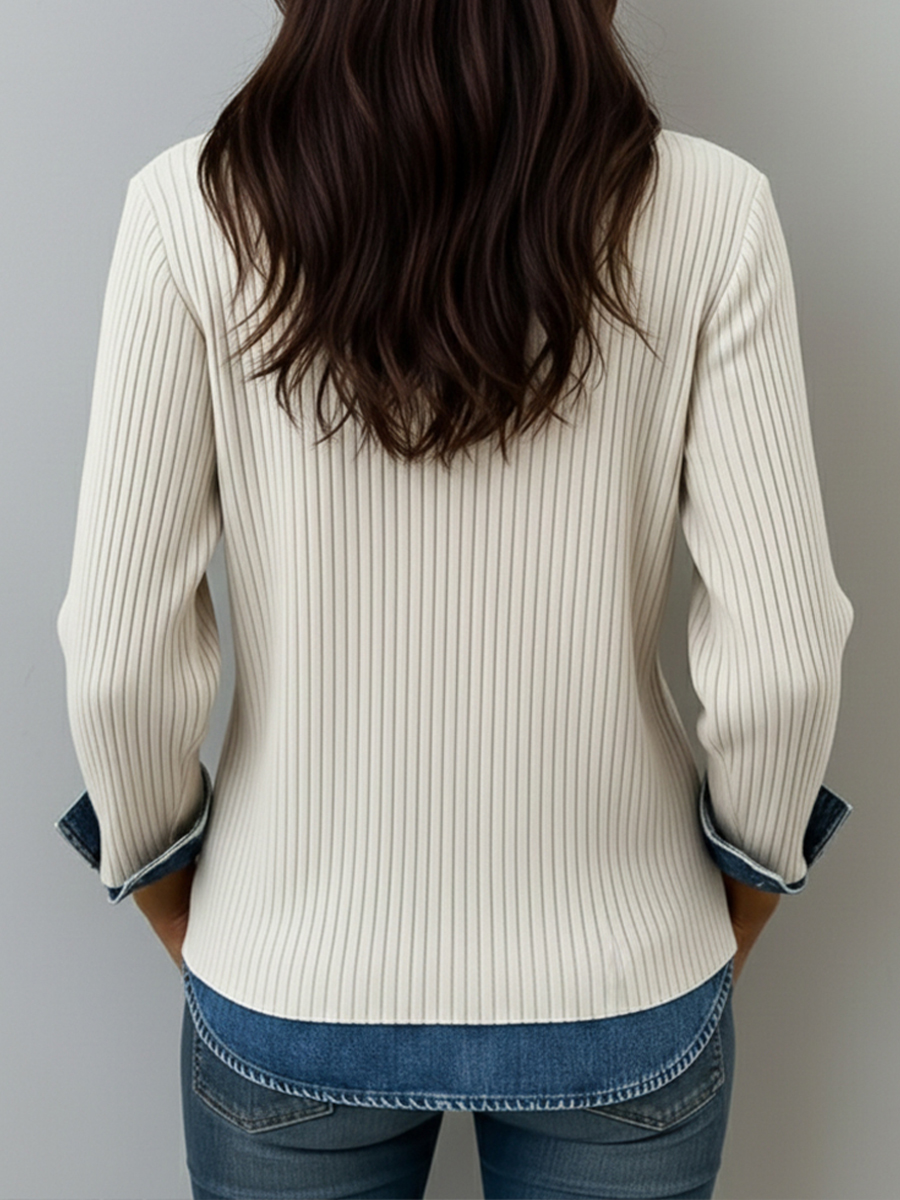 Elegant Patchwork Denim Style Knit Top Comfort Fit Mixed Media Sweater Casual Long Sleeve Pullover(buy 2 free shipping)