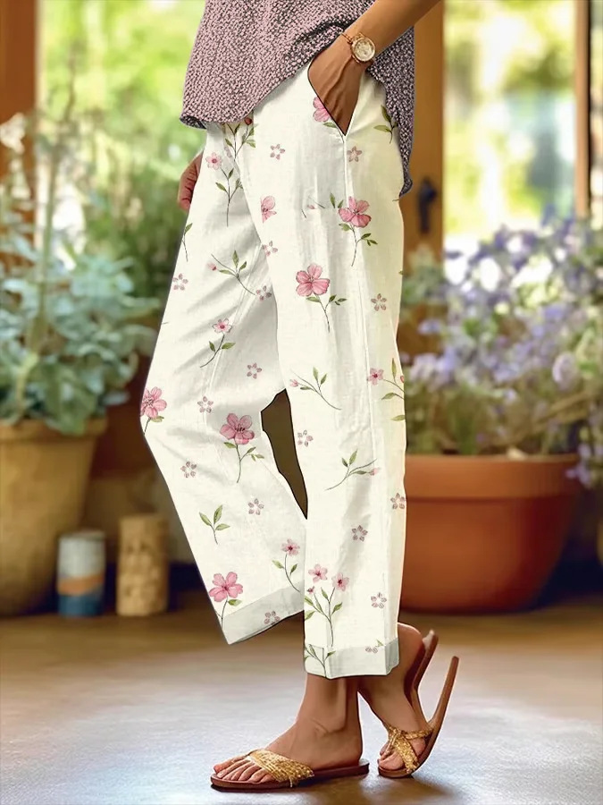 New Women's Trendy Mid-Rise 9/10-Length Trousers — Stylish Linen-Blend with Print and Pockets
