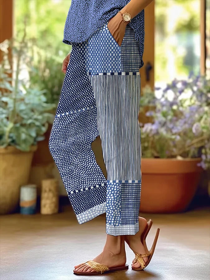 New Women's Trendy Mid-Rise 9/10-Length Trousers — Stylish Linen-Blend with Print and Pockets