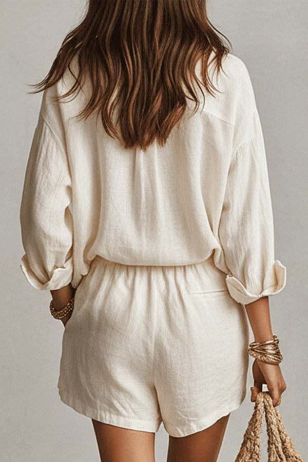 Linen Blend Loose-fitting Long-sleeved Collared Shirt and Elastic Waist Casual Pocket Shorts Set(buy 2 free shipping)