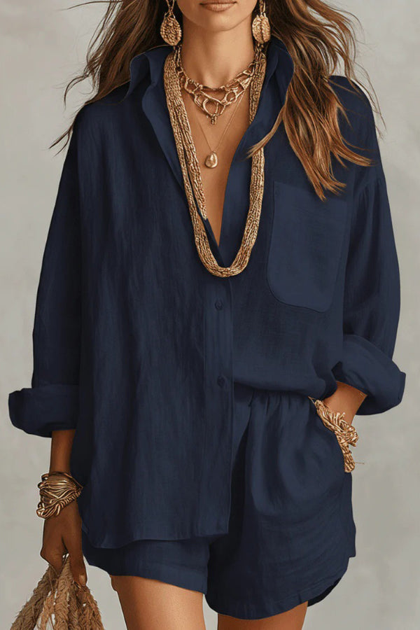 Linen Blend Loose-fitting Long-sleeved Collared Shirt and Elastic Waist Casual Pocket Shorts Set(buy 2 free shipping)