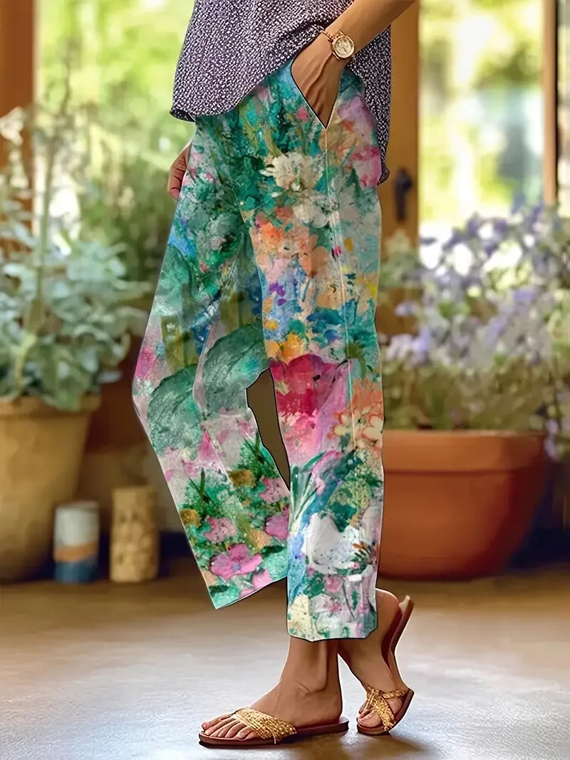 New Women's Trendy Mid-Rise 9/10-Length Trousers — Stylish Linen-Blend with Print and Pockets