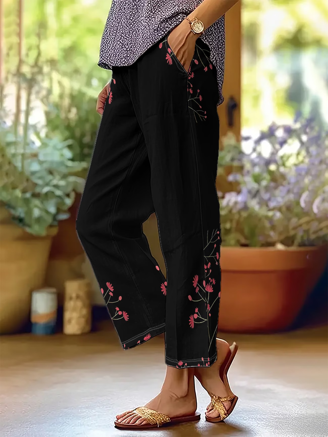 New Women's Trendy Mid-Rise 9/10-Length Trousers — Stylish Linen-Blend with Print and Pockets
