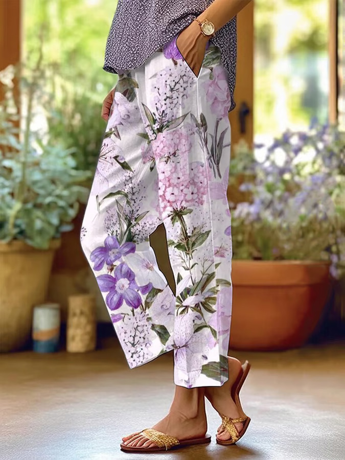 New Women's Trendy Mid-Rise 9/10-Length Trousers — Stylish Linen-Blend with Print and Pockets