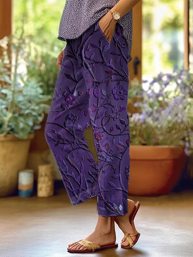 New Women's Trendy Mid-Rise 9/10-Length Trousers — Stylish Linen-Blend with Print and Pockets