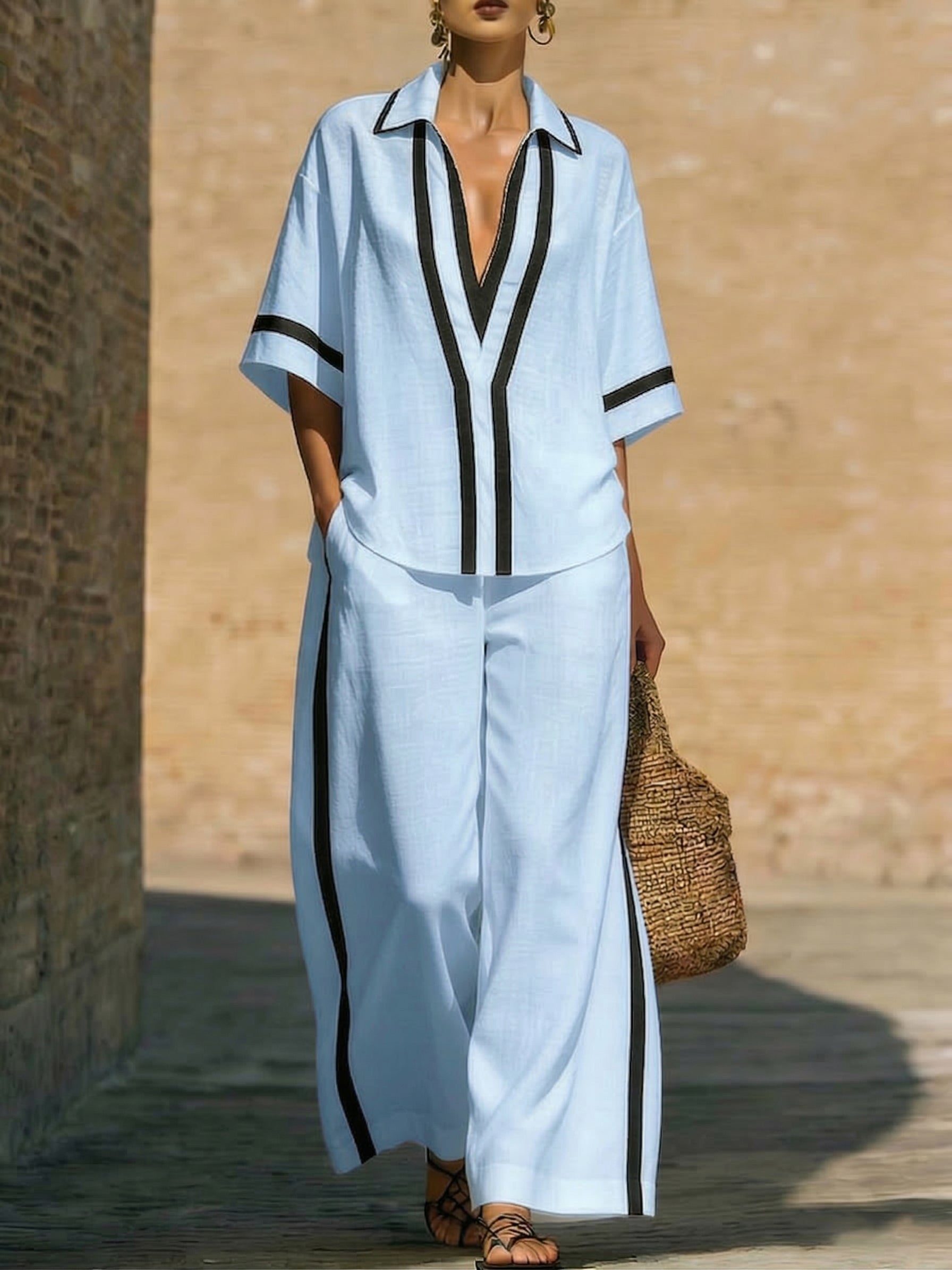 Stylish Trimmed Edge Color-blocked Cotton Linen Two-piece Set