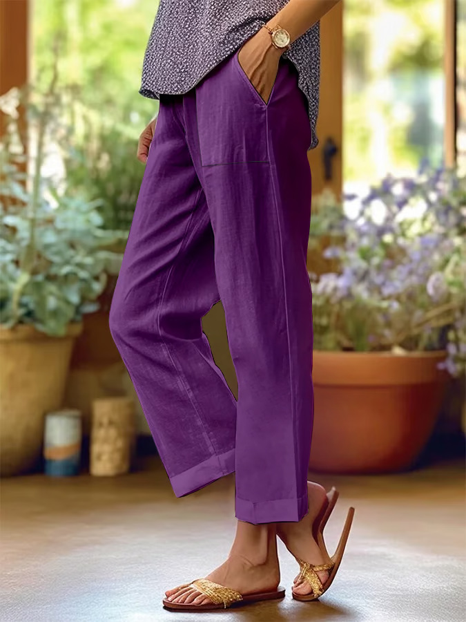 New Women's Trendy Mid-Rise 9/10-Length Trousers — Stylish Linen-Blend with Print and Pockets