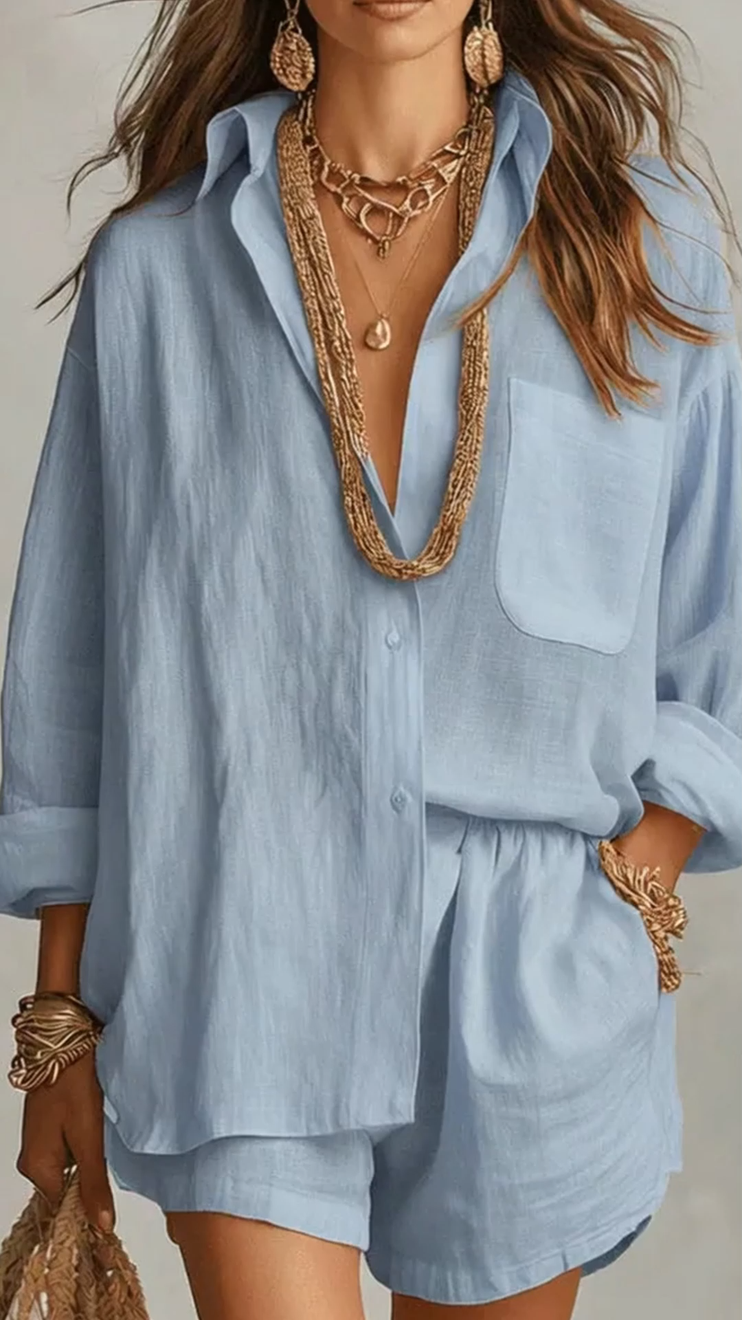 Linen Blend Loose-fitting Long-sleeved Collared Shirt and Elastic Waist Casual Pocket Shorts Set(buy 2 free shipping)