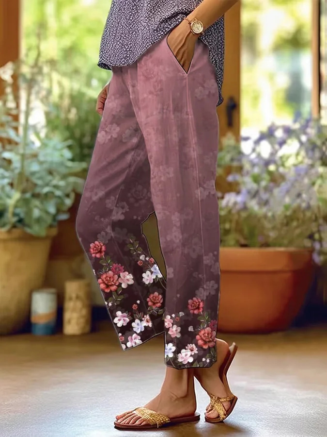 New Women's Trendy Mid-Rise 9/10-Length Trousers — Stylish Linen-Blend with Print and Pockets