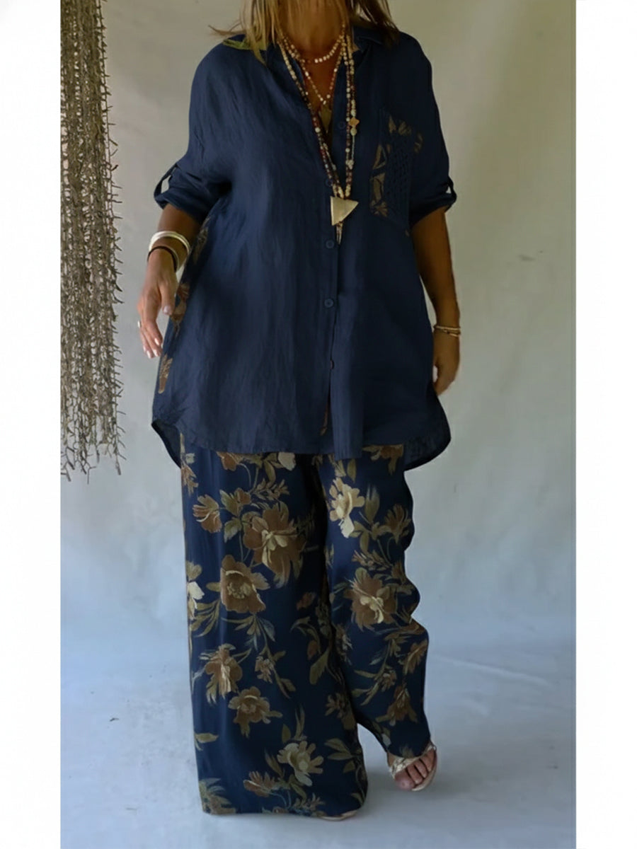 Piece Set – Casual Shirt & Wide Leg Pants Outfit