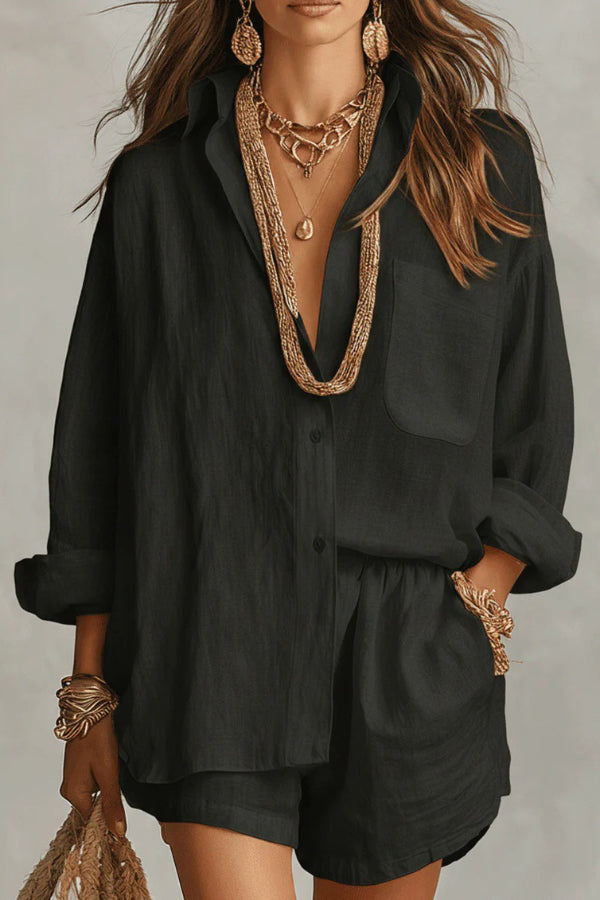 Linen Blend Loose-fitting Long-sleeved Collared Shirt and Elastic Waist Casual Pocket Shorts Set(buy 2 free shipping)