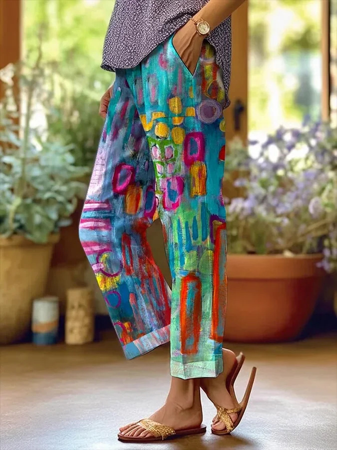 New Women's Trendy Mid-Rise 9/10-Length Trousers — Stylish Linen-Blend with Print and Pockets
