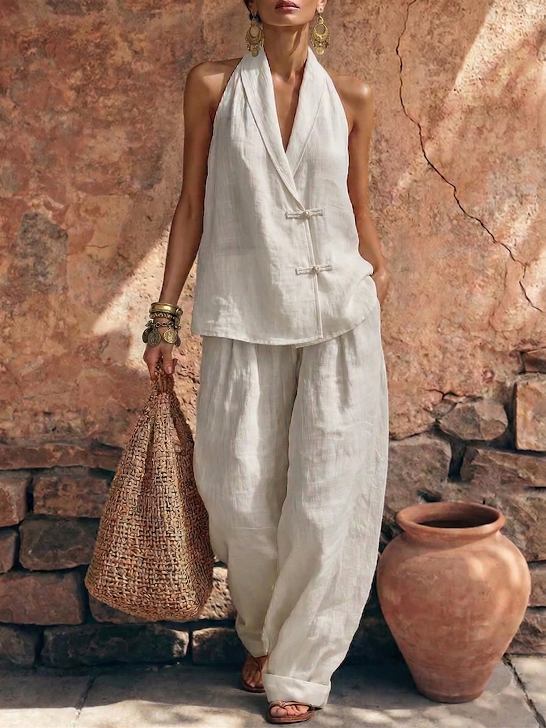 Stylish & Elegant Frog Closures Cotton-linen Two-piece Set