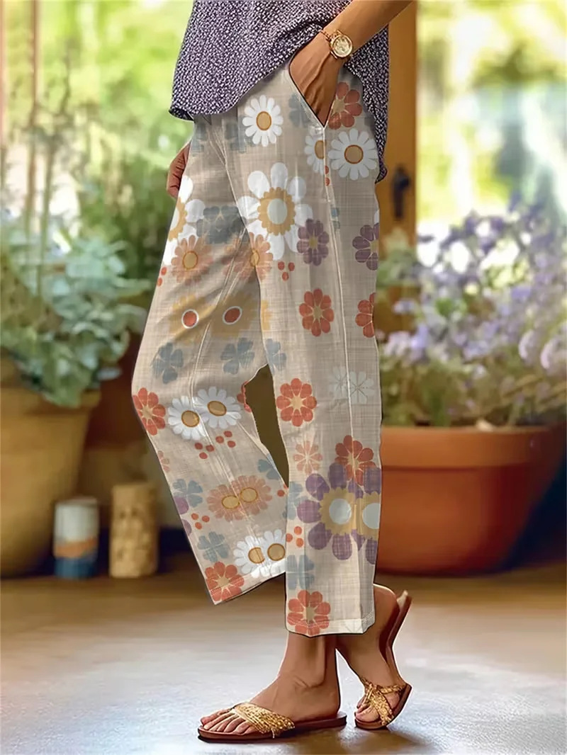 New Women's Trendy Mid-Rise 9/10-Length Trousers — Stylish Linen-Blend with Print and Pockets
