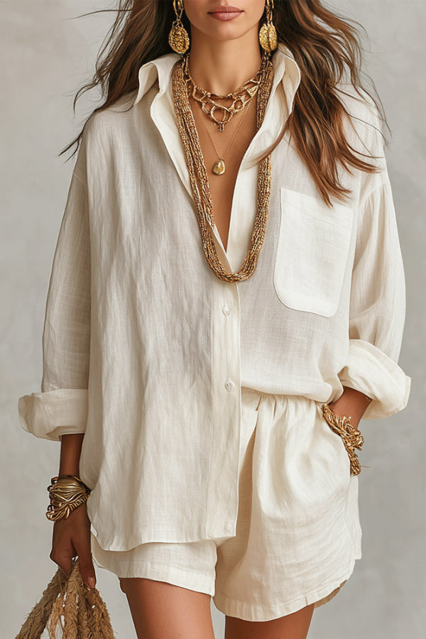 Linen Blend Loose-fitting Long-sleeved Collared Shirt and Elastic Waist Casual Pocket Shorts Set(buy 2 free shipping)