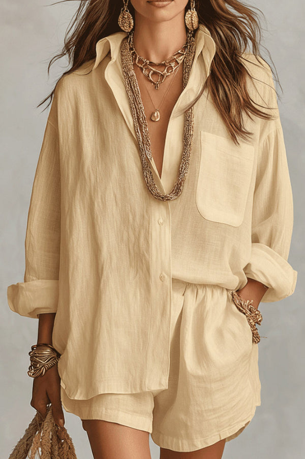 Linen Blend Loose-fitting Long-sleeved Collared Shirt and Elastic Waist Casual Pocket Shorts Set(buy 2 free shipping)
