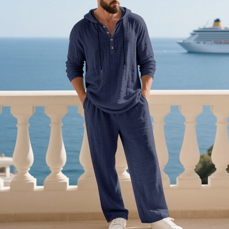 Ensemble sweat à capuche et pantalon décontracté en lin pour homme avec poches pratiques et coupe décontractée - Chic et élégant