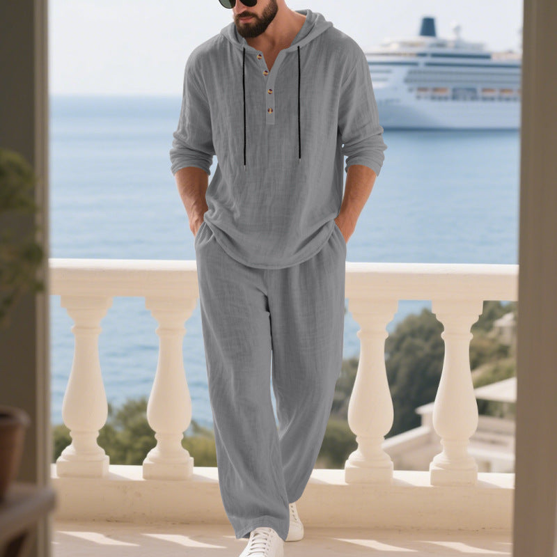 Ensemble sweat à capuche et pantalon décontracté en lin pour homme avec poches pratiques et coupe décontractée - Chic et élégant