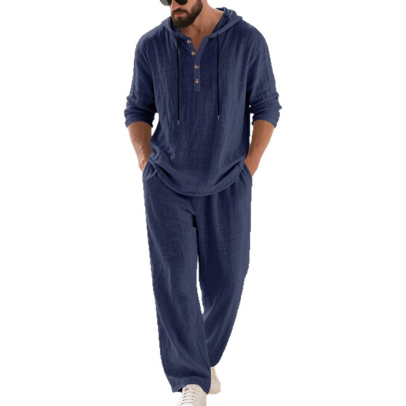 Ensemble sweat à capuche et pantalon décontracté en lin pour homme avec poches pratiques et coupe décontractée - Chic et élégant