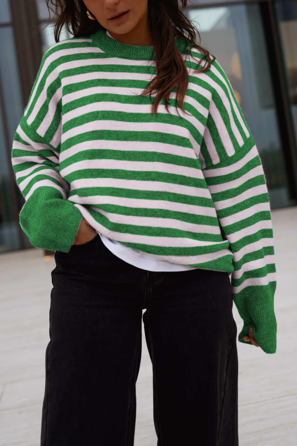 New for Autumn/Winter 2026: A loose-fitting, striped, round-neck knitted pullover—grab it now for a great deal.(buy 2 free shipping)