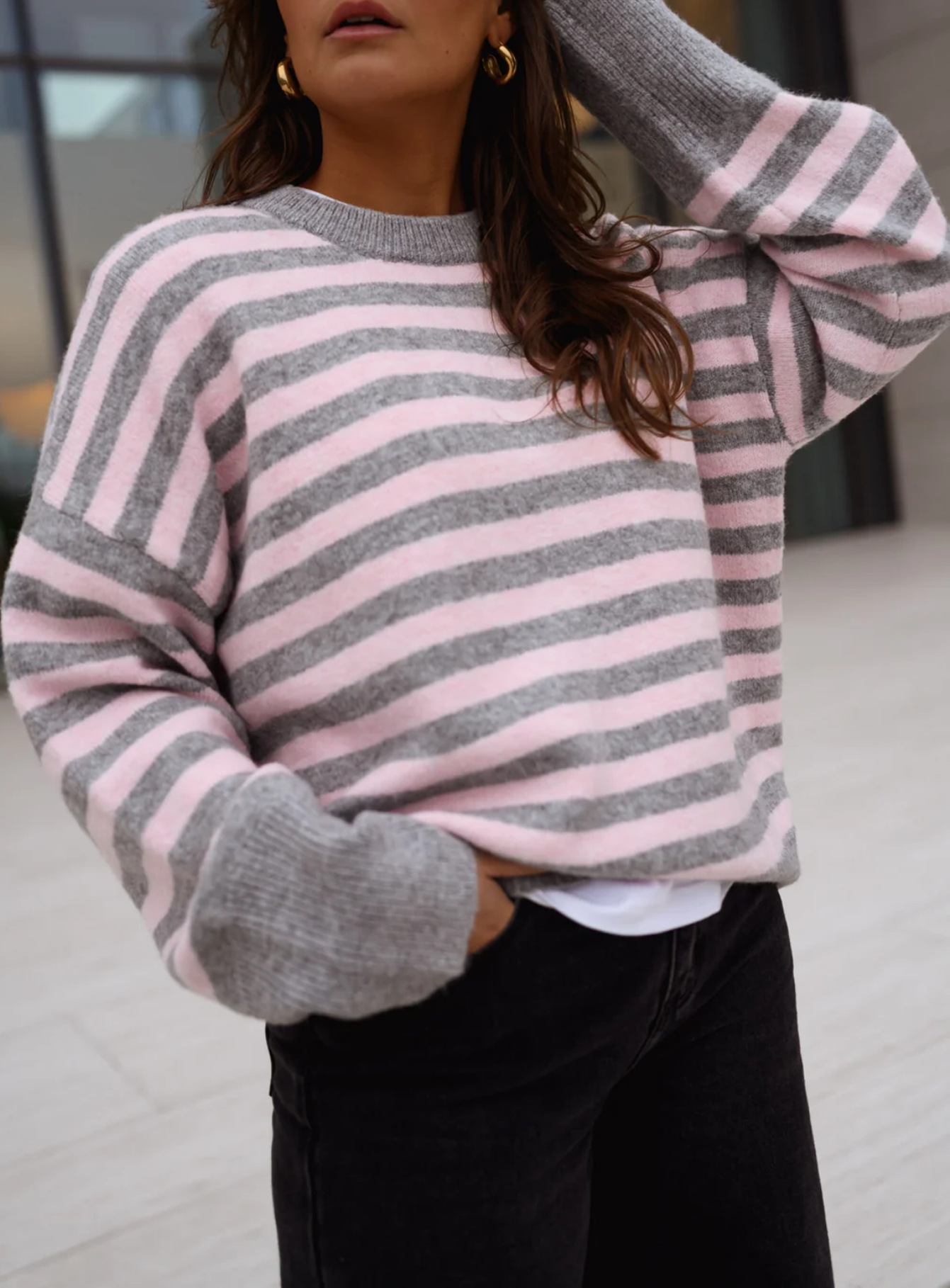 New for Autumn/Winter 2026: A loose-fitting, striped, round-neck knitted pullover—grab it now for a great deal.(buy 2 free shipping)