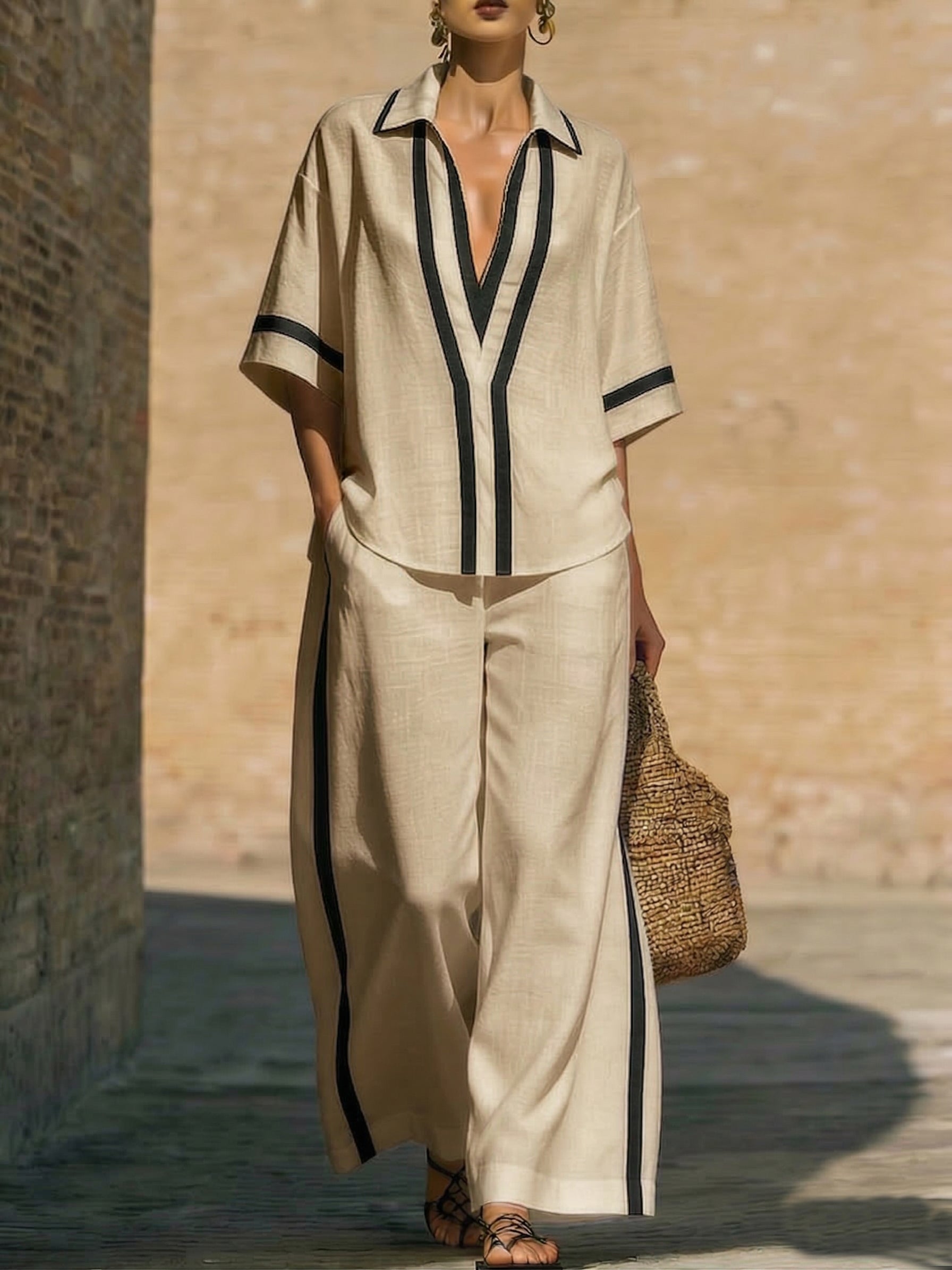 Stylish Trimmed Edge Color-blocked Cotton Linen Two-piece Set