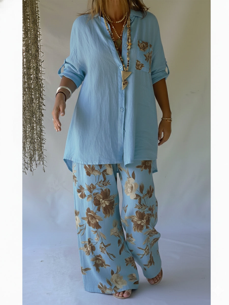 Piece Set – Casual Shirt & Wide Leg Pants Outfit