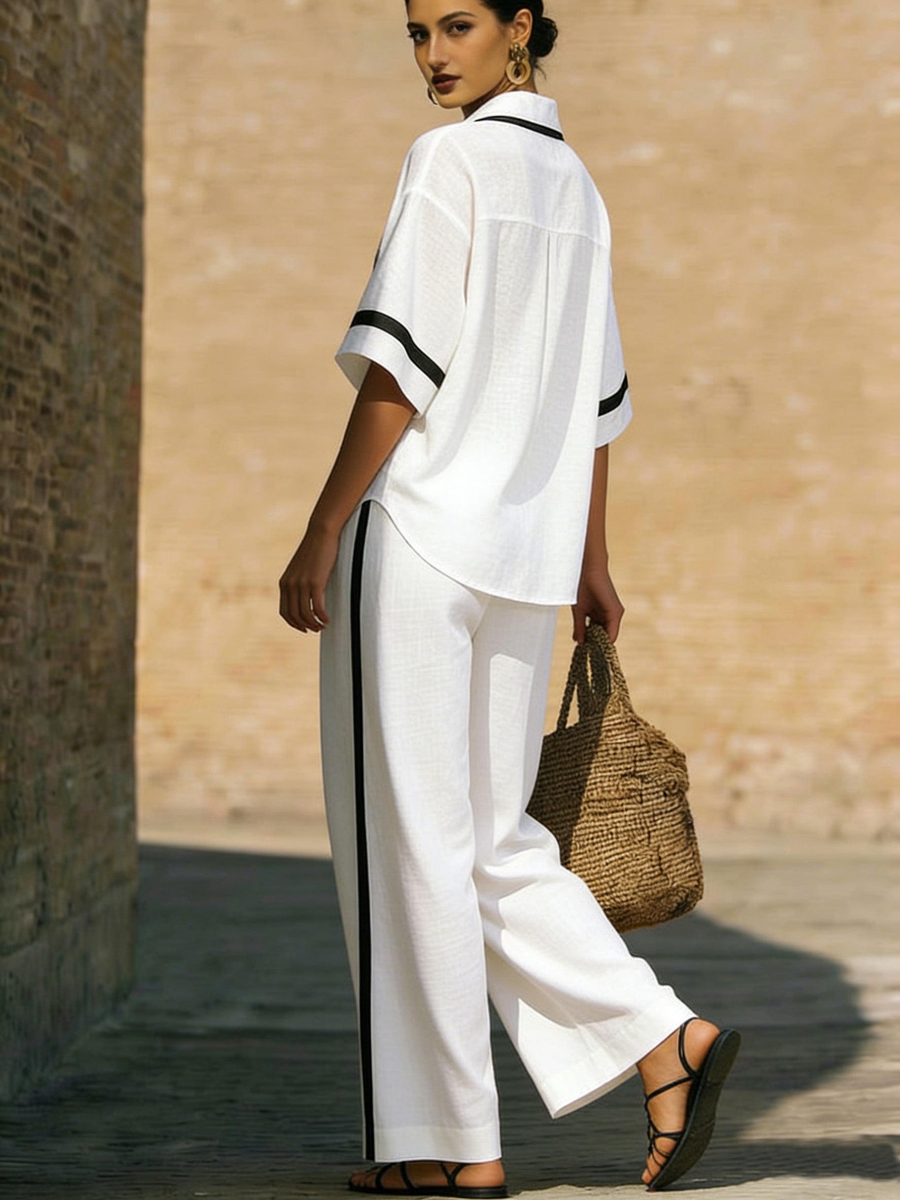 Stylish Trimmed Edge Color-blocked Cotton Linen Two-piece Set