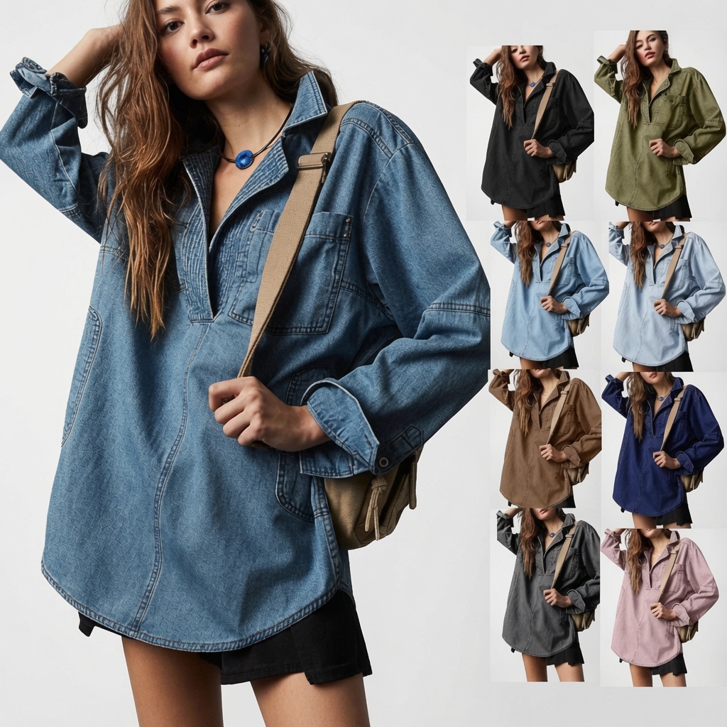 2026 New V-neck Fashionable Design Casual Denim Long-Sleeve Top