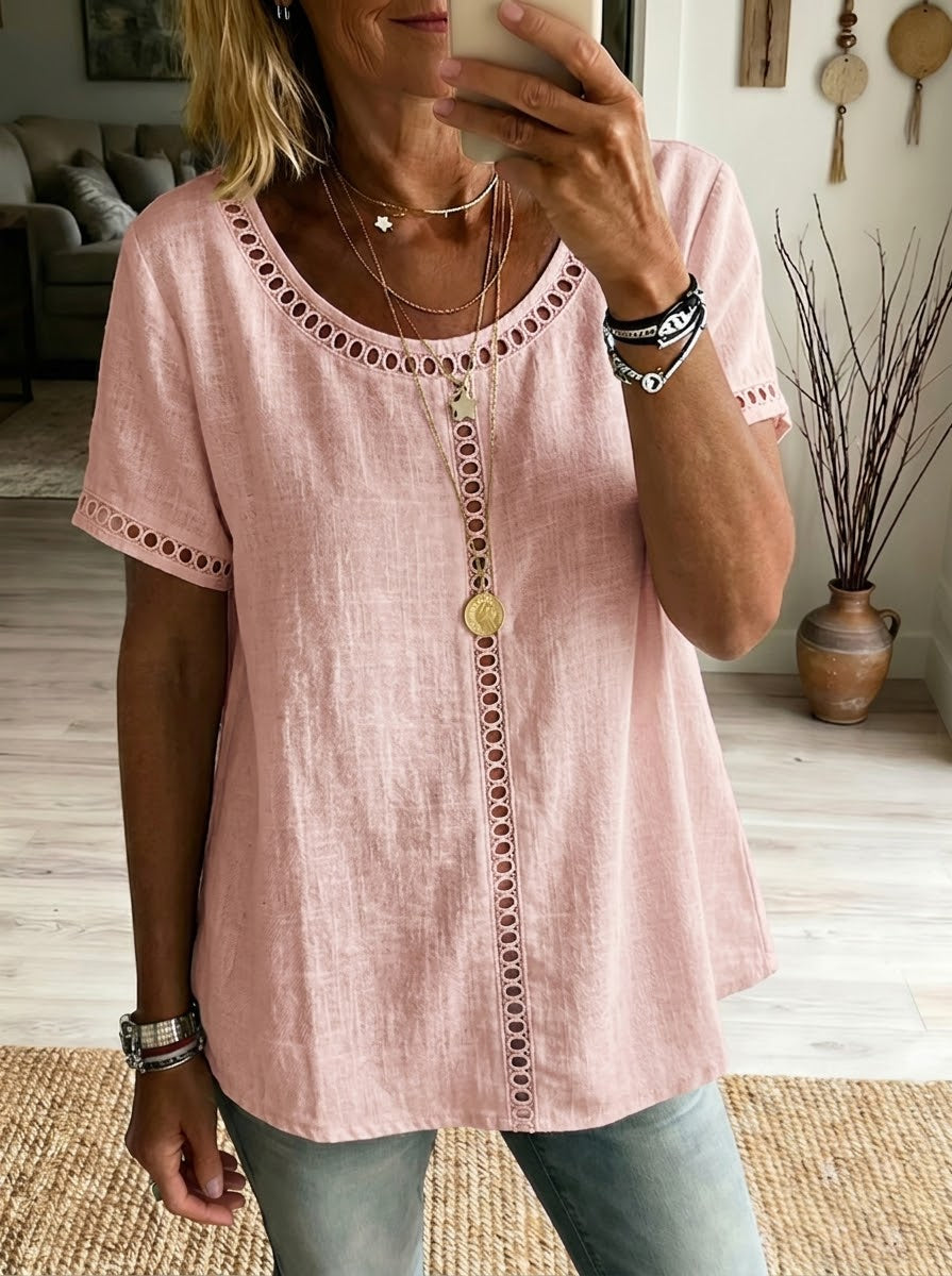 Cozy And Casual Patchwork Linen And Cotton Top With Openwork Weave