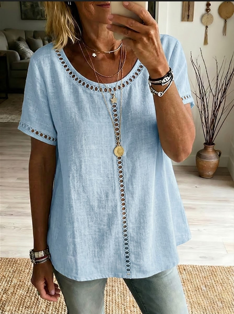 Cozy And Casual Patchwork Linen And Cotton Top With Openwork Weave