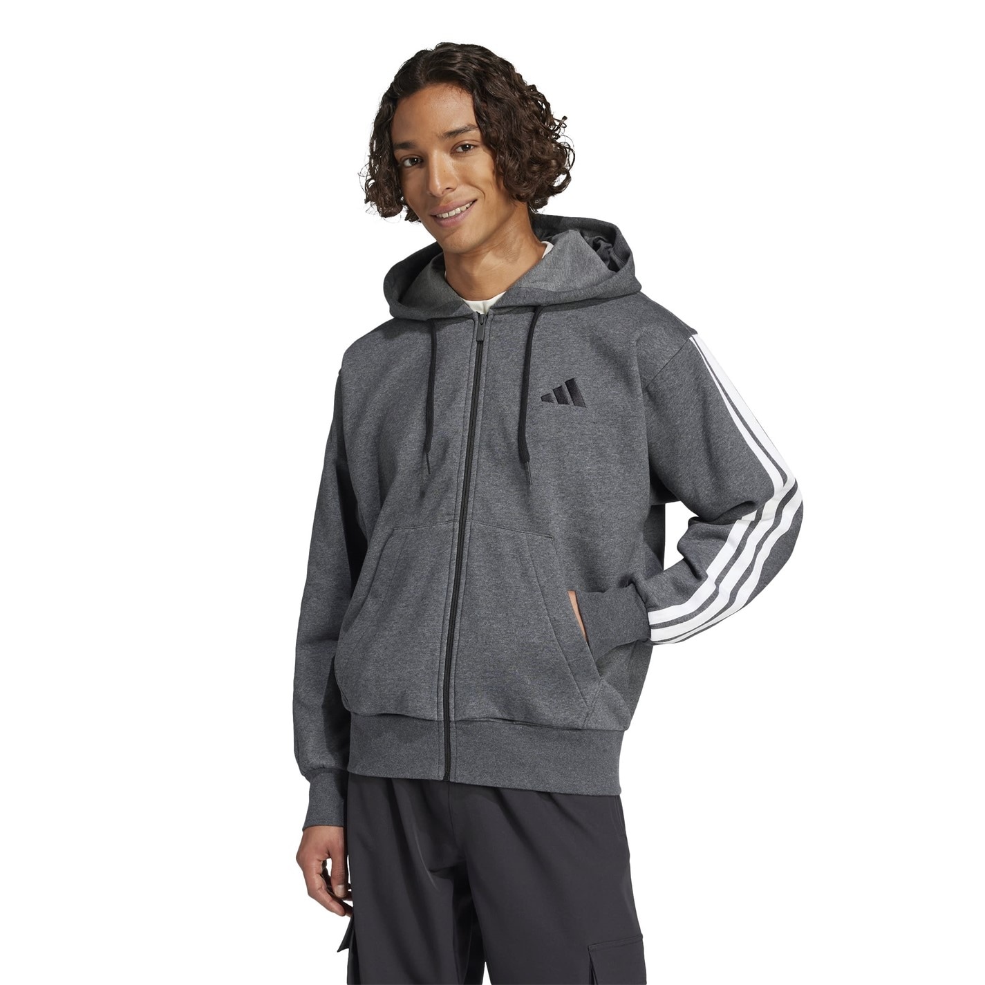 Mens Essentials Fleece 3-Stripes Full-Zip Hoodie