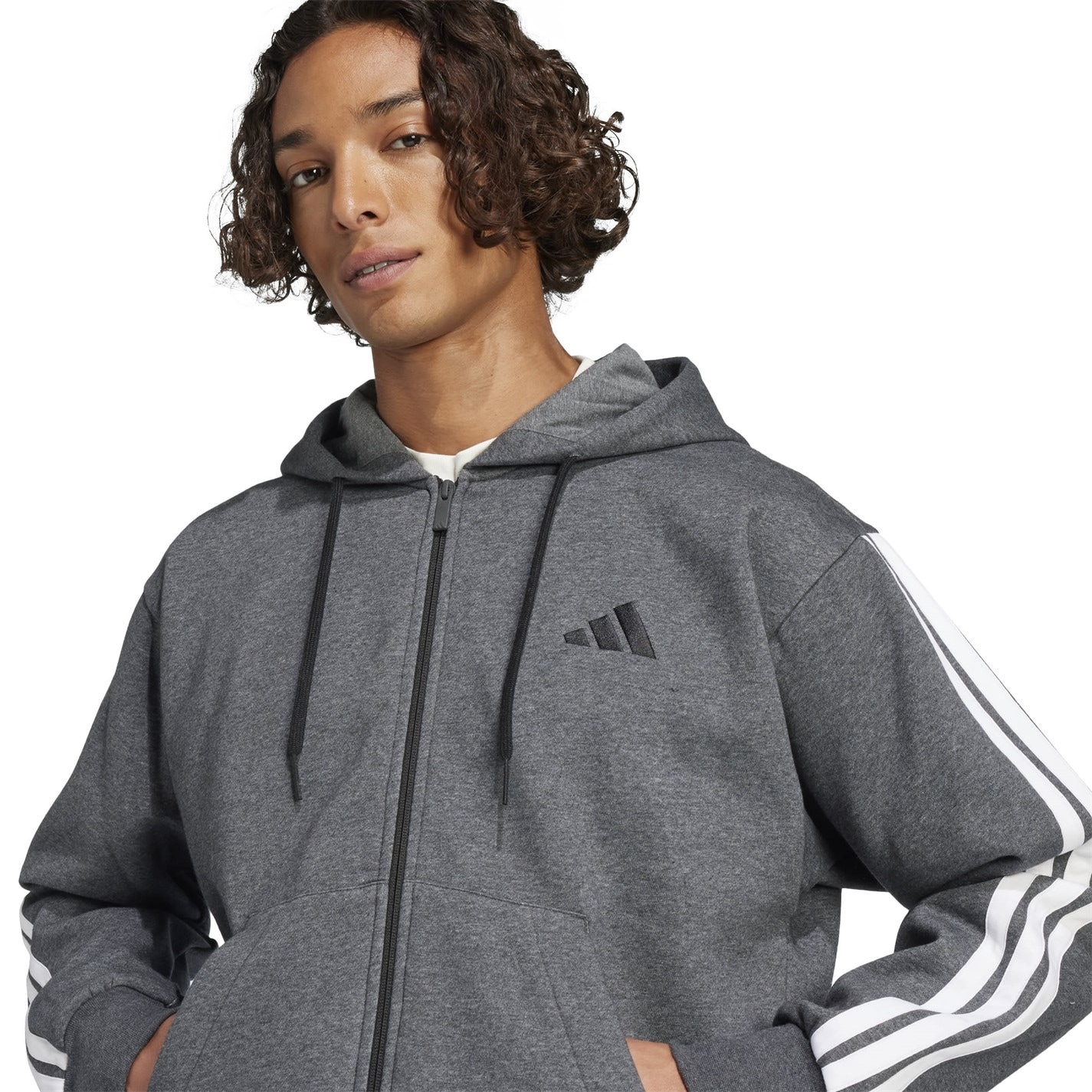Mens Essentials Fleece 3-Stripes Full-Zip Hoodie